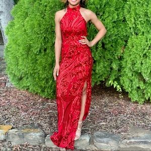 Red sequined long maxi dress. Backless with high split.